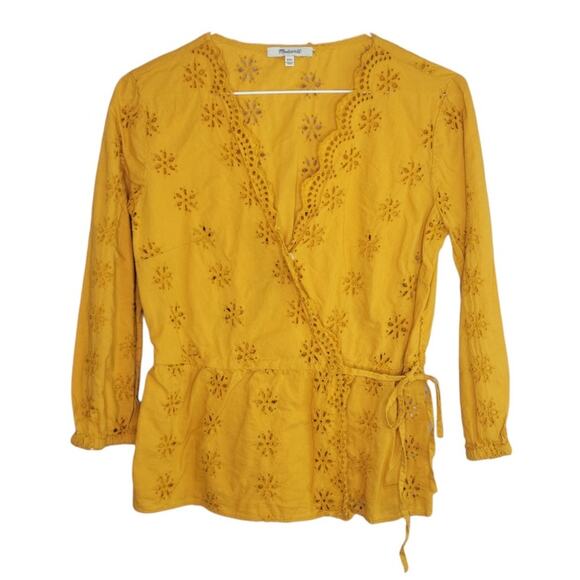 Madewell Scalloped Eyelet Wrap Top Marigold Yellow - Picture 4 of 9